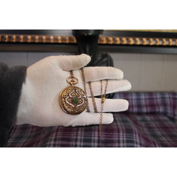 Vissun Pocket Watch Pendant Necklace Rhinestones Scrollwork WORKS main image 6